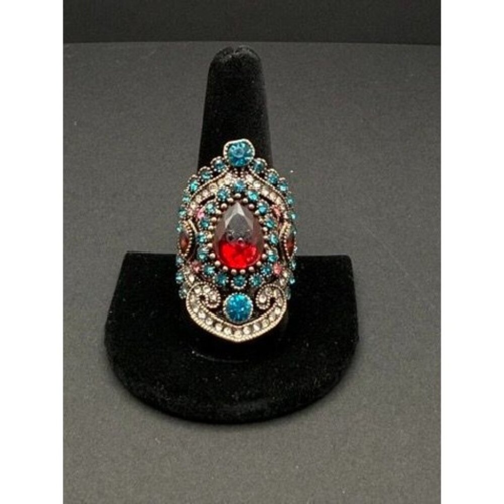 VTG  Bohemian Fashion Statement Ring – Red Teardrop Center, Turquoise & Rhinesto